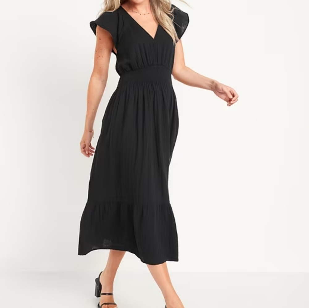 Black V-Neck Flutter Sleeve Maxi Dress